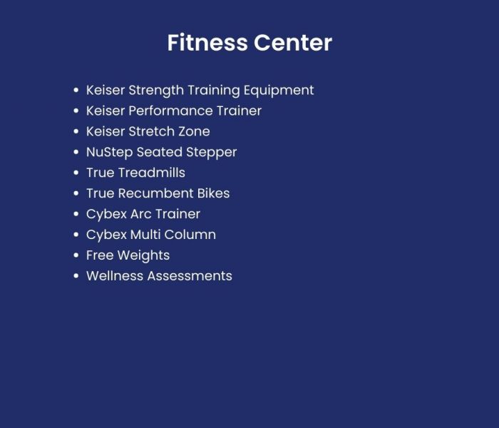 graphic showing amenities and equipment available at the Twin Lakes Fitness Center