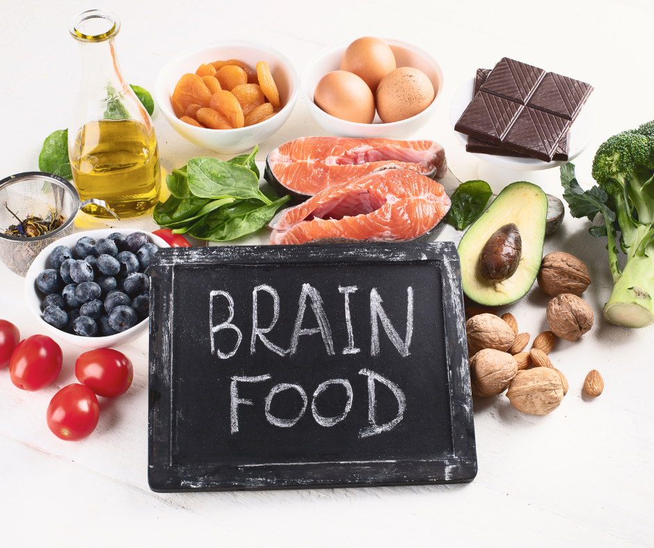 healthy fruits, vegetables, and ingredients for the brain