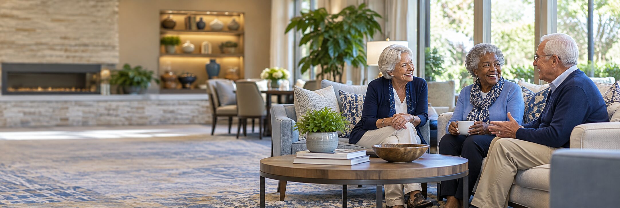 Three older adults enjoying conversation in a senior living lounge