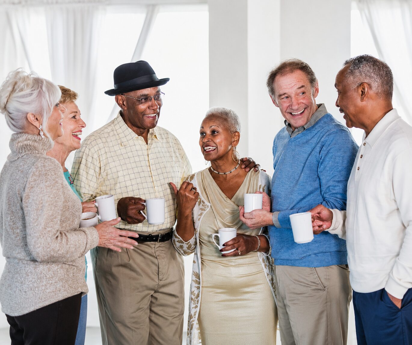 Group of older adults smiling and socializing together indoors while holding coffee mugs in a bright community setting.