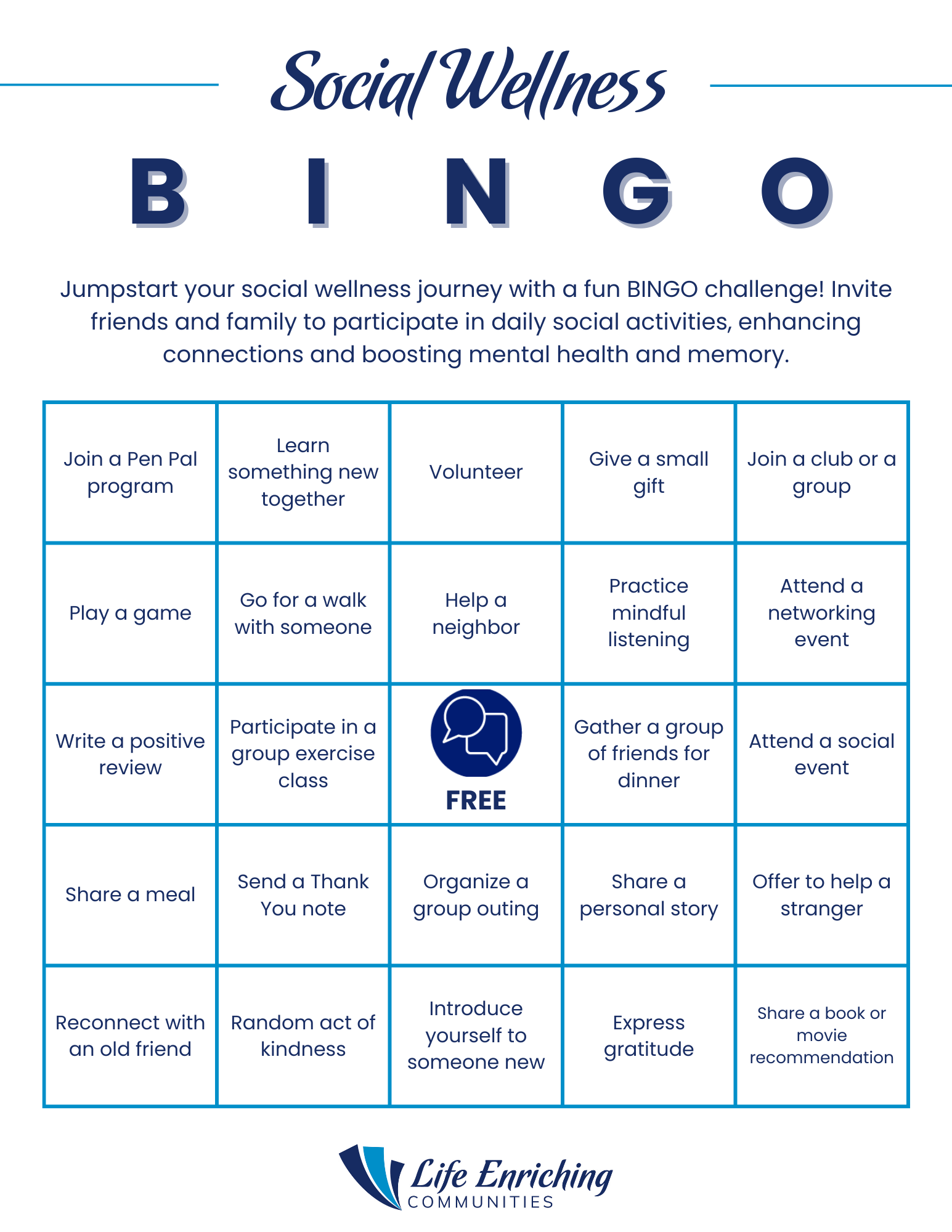 Social Wellness BINGO card