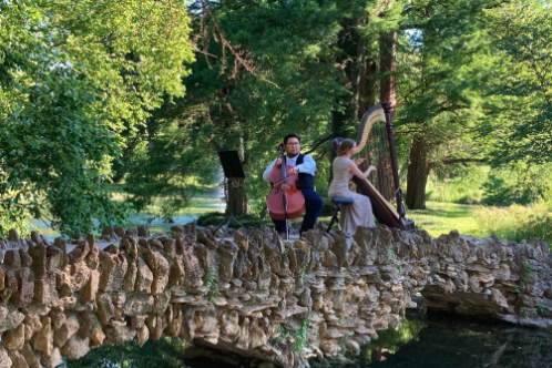 man playing cello and woman playing harp. both are on a stone bridge with trees surrounding