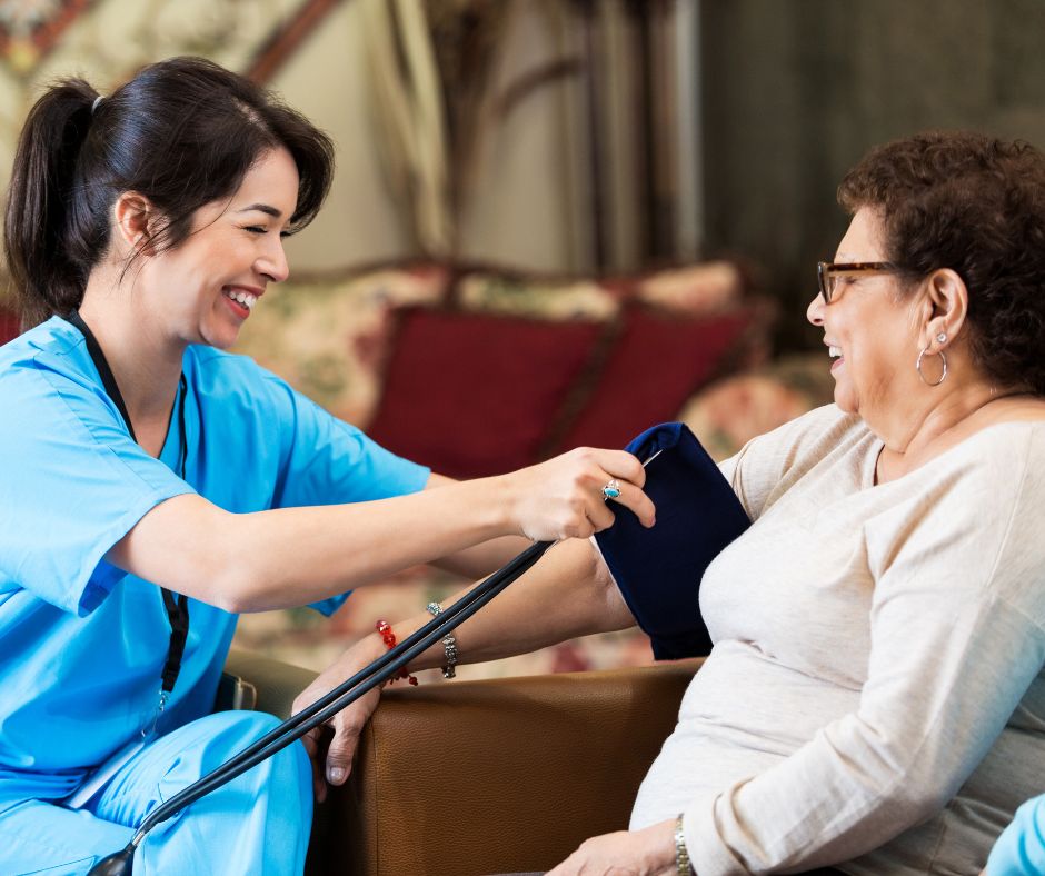 nurse preparing to take blood pressure of senior nursing and rehabilitation