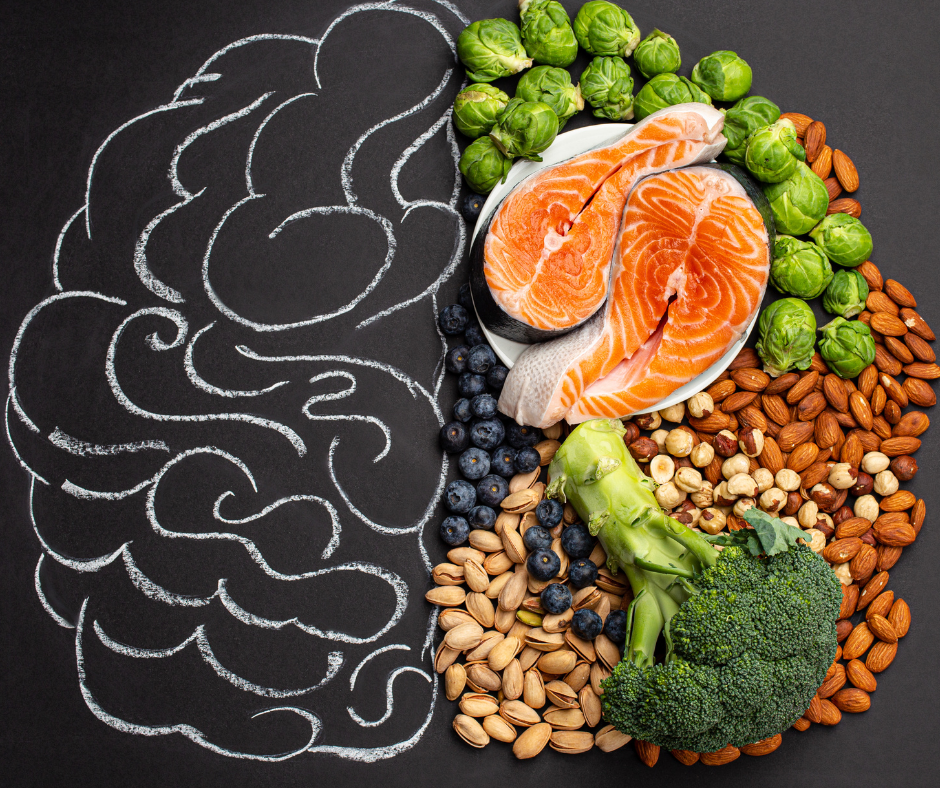 brain drain sketched with healthy foods on one side