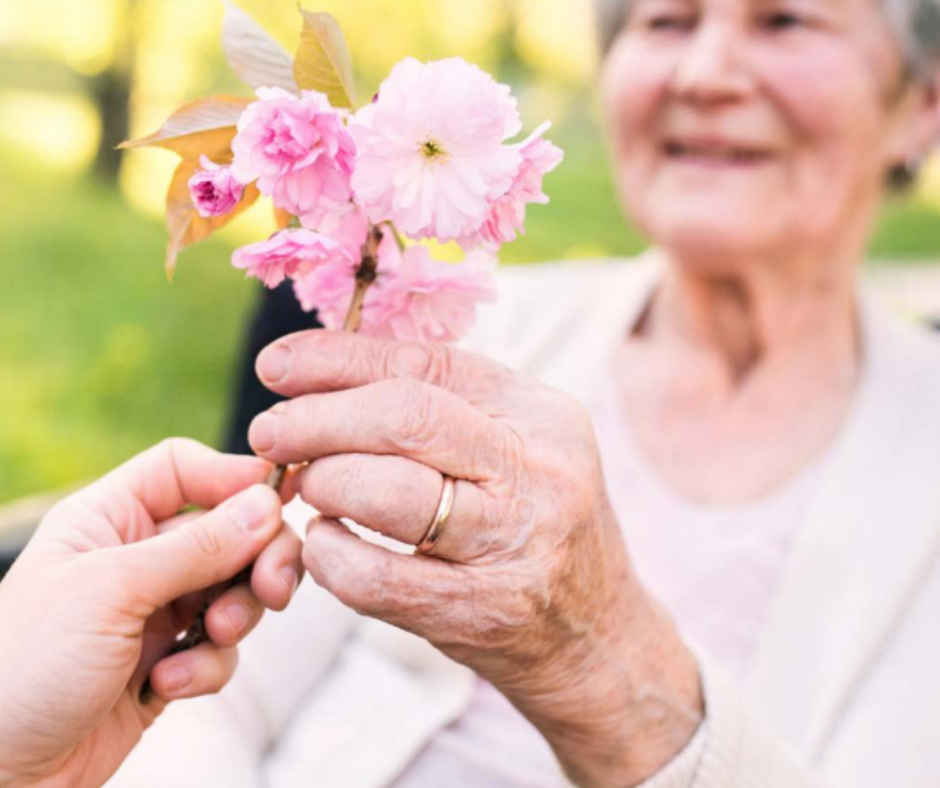 Senior woman in wheelchair holding flower