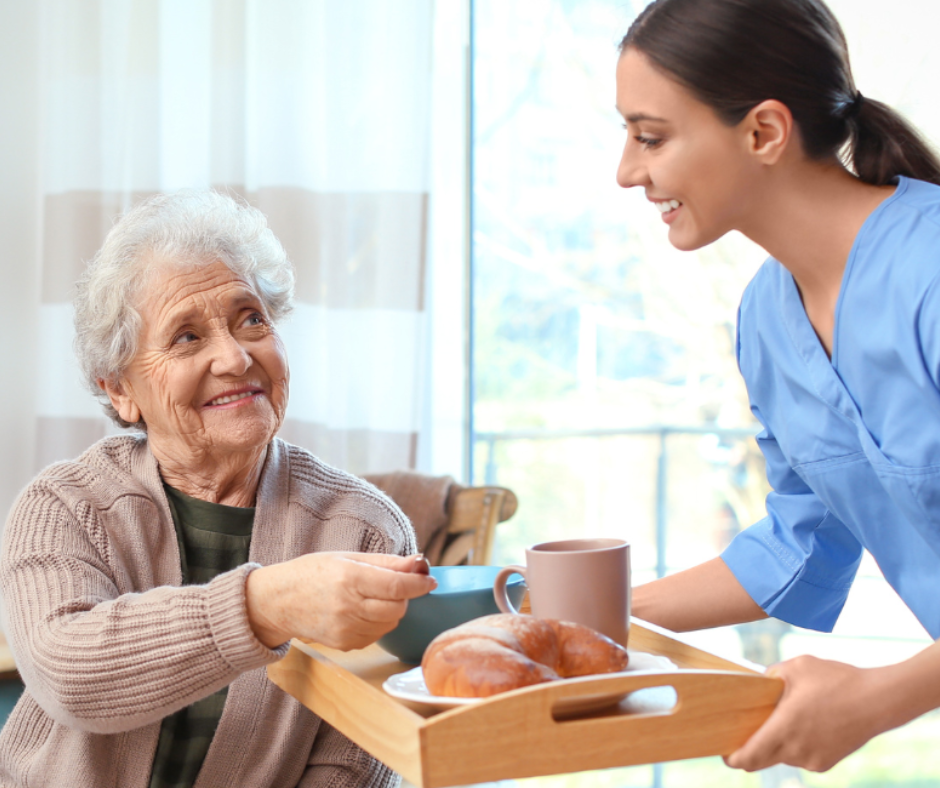 Senior woman with nurse serving a meal