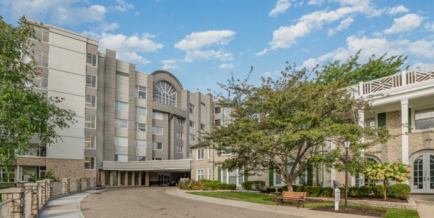 walkway and front entrance of Wesley Glen senior living community