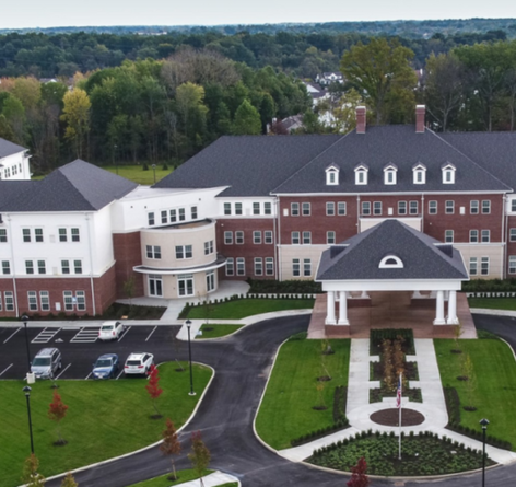 exterior aerial view of Wesley Woods community front entrance