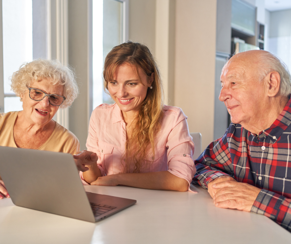 Senior couple reviewing cost of care with their adult daughter