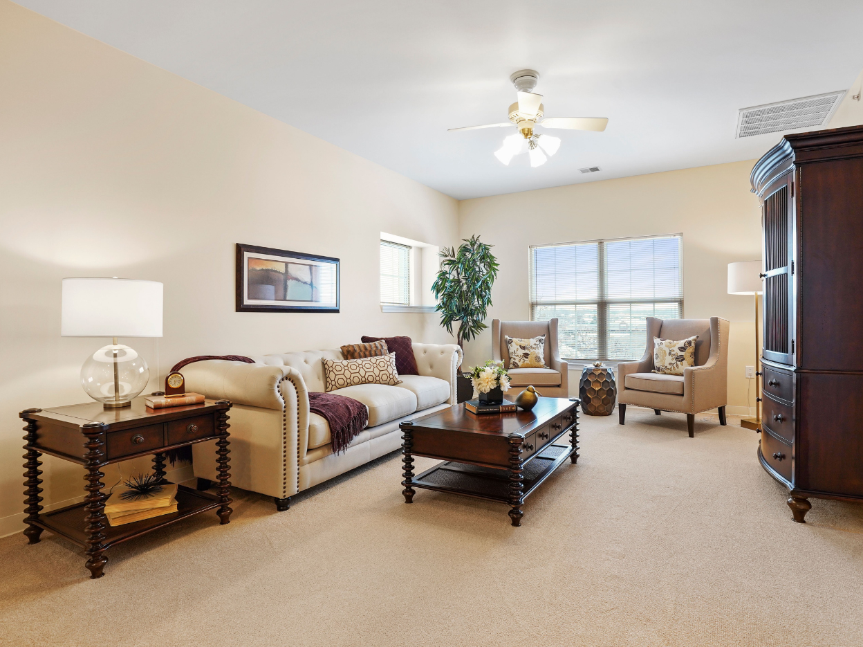 Interior living room of an independent living apartment at Wesley Ridge