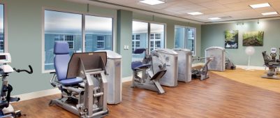 Weight machines in room with large windows