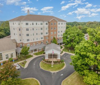 exterior aerial view of Wesley Ridge's front entrance