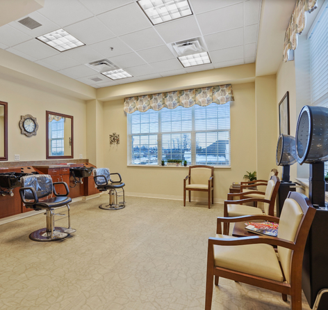 salon at Wesley Ridge for residents including salon quality chairs, sinks and hair dryers