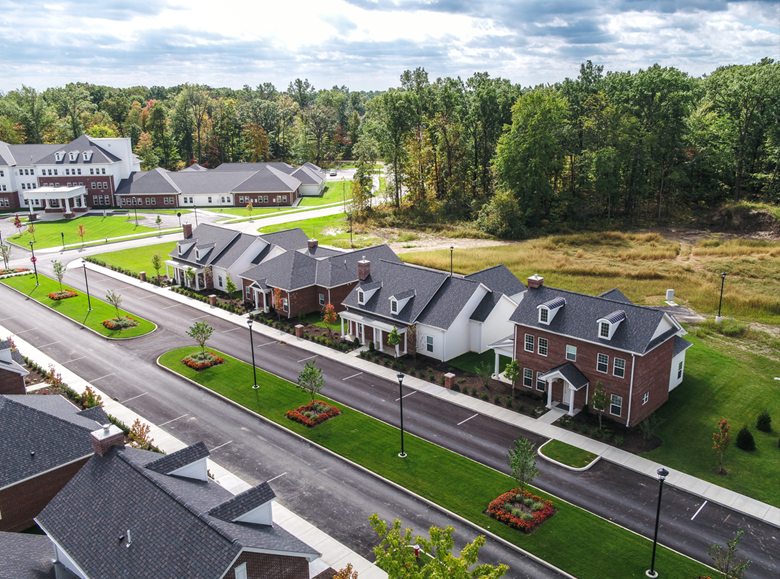 areial view of Wesley Woods villa neighborhood and four villas and landscaping